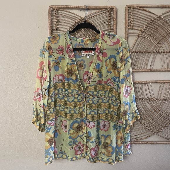 Johnny Was Tops - Johnny Was Floral V-Neck Top Blouse Y2K Whimsy Boho Artsy Women's Sz L B5